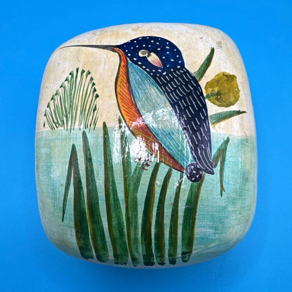 VNT Hand Painted Kingfisher Bird Paper Mache Lacquer Trinket Ring Box Small 3x3